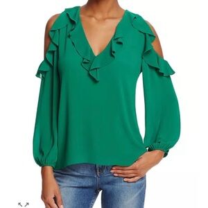 Alice + Olivia Emerald Green Cold-Shoulder Ruffle V-Neck Blouse